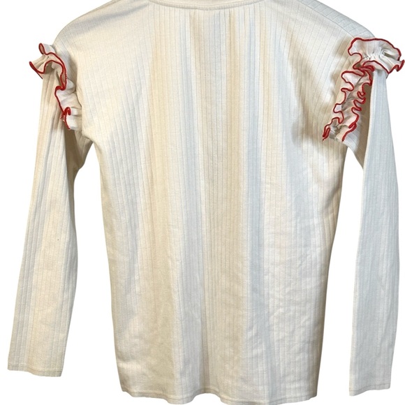 ZARA Girls White Ribbed Long Sleeve Top 11/12Y Ruffle Shoulder Trim - Picture 2 of 3